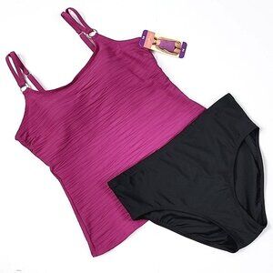 CHRISTINA Women's 2 Piece Tankini Swimsuit Fuschia Black Built-In Bra Size 14